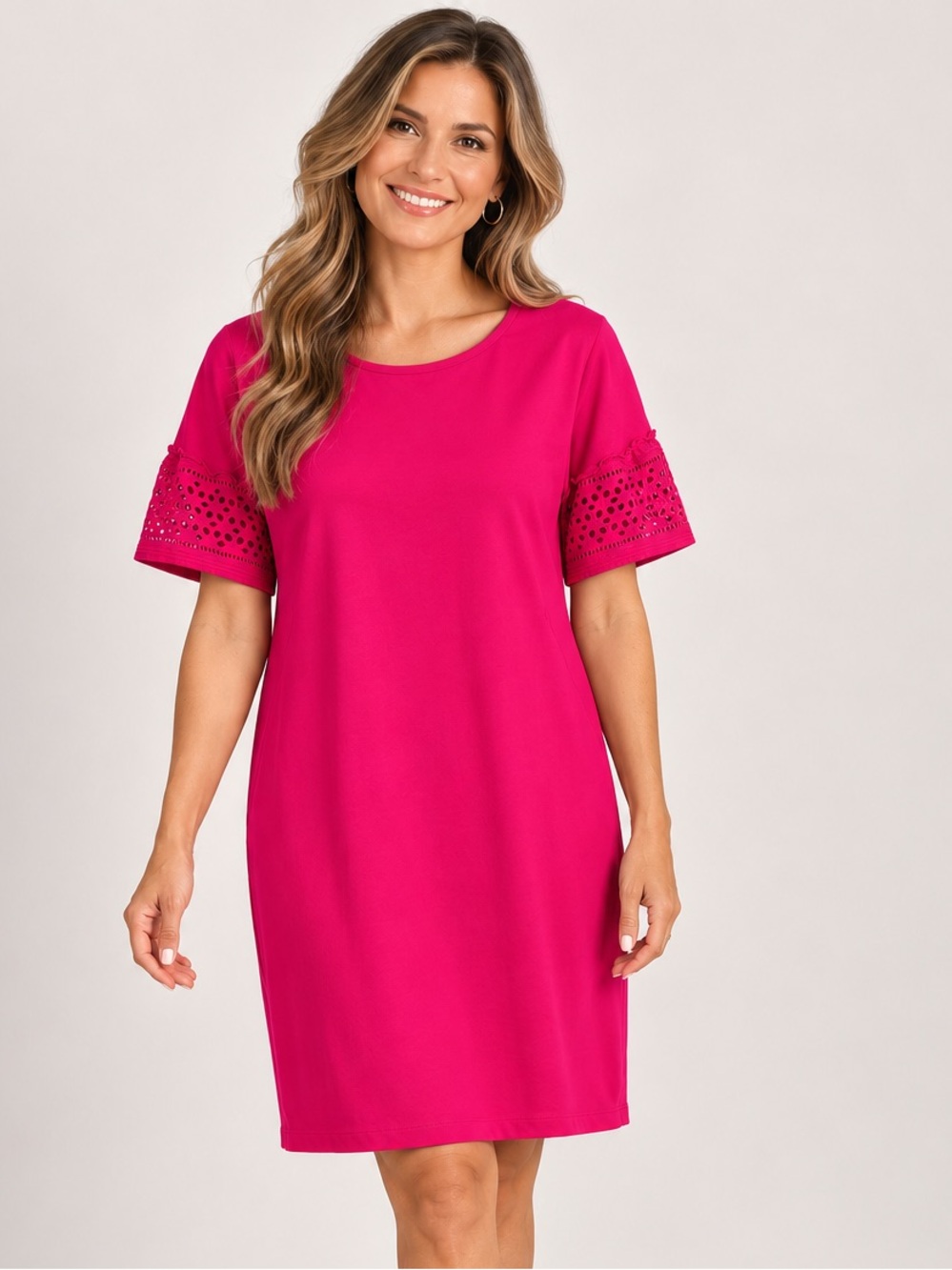 Talbots Pink Cotton Shift Dress L Eyelet Lace Flutter Sleeve